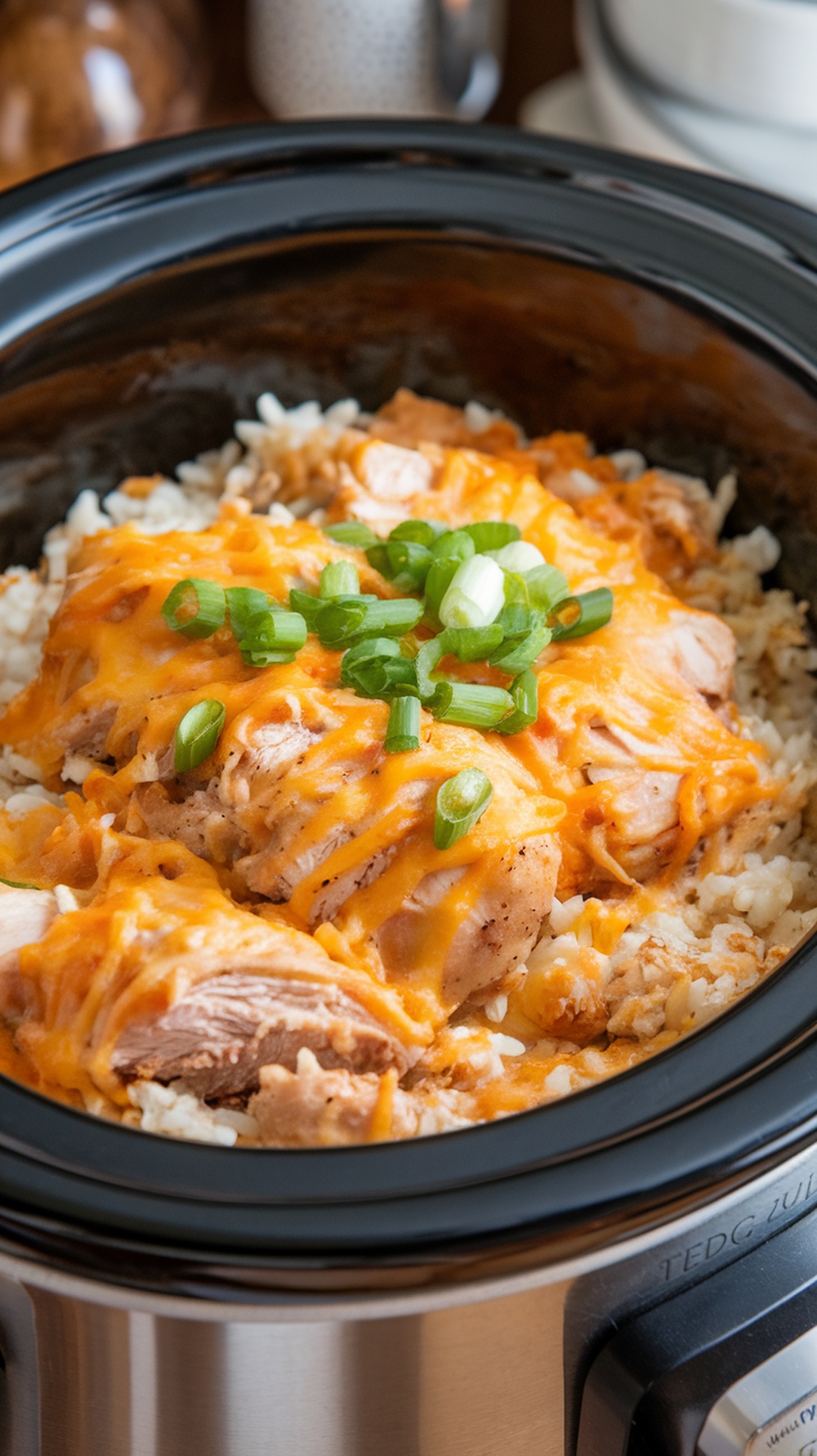 A slow cooker filled with chicken and rice casserole topped with melted cheese and green onions.