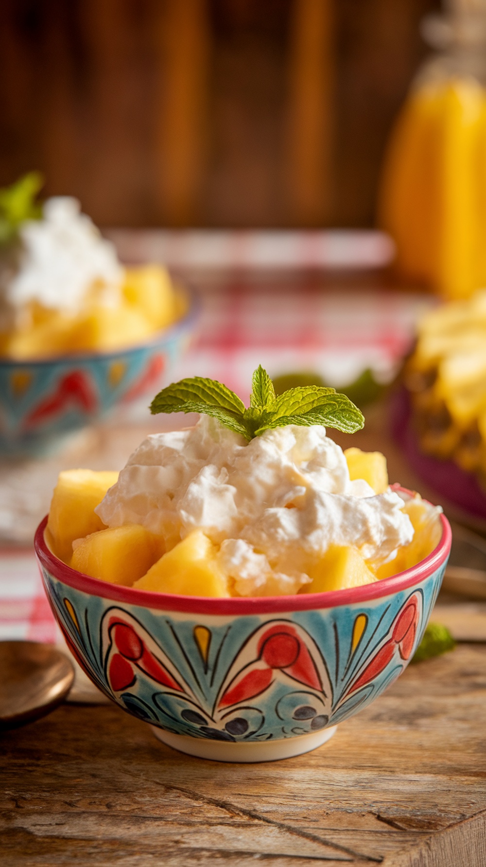 A colorful bowl filled with cottage cheese and diced pineapple, topped with mint leaves.