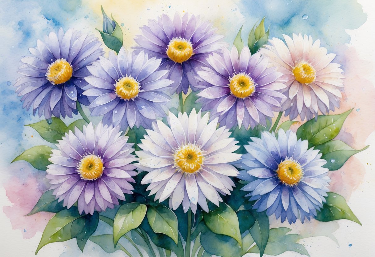 A bouquet of seven purple and white aster flowers with green leaves against a soft pastel background.