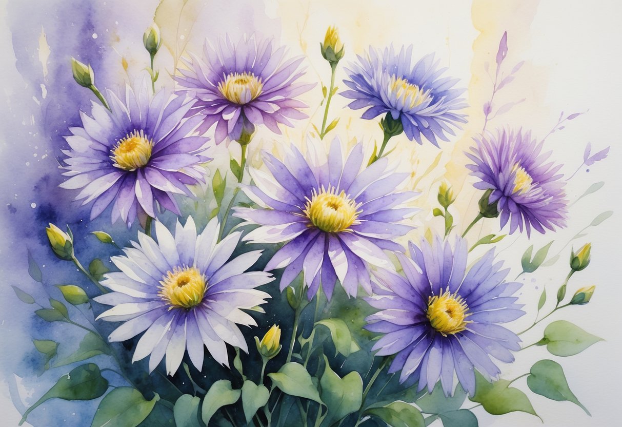 Seven blooming aster flowers with green leaves arranged peacefully against a soft, light background.