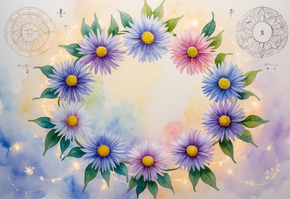 Seven aster flowers arranged in a circle with soft purple, pink, and white petals, surrounded by gentle green leaves and subtle cultural symbols on a warm pastel background.
