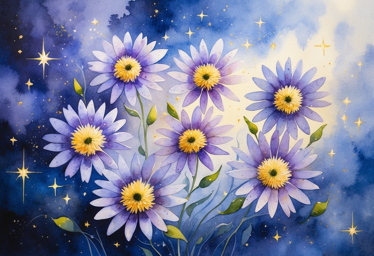 Seven purple aster flowers with star-shaped petals arranged against a soft blue and indigo sky with faint stars and glowing light.