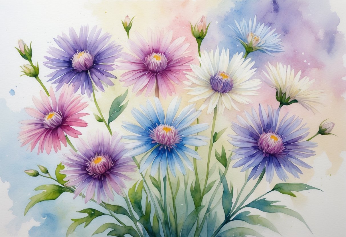 Seven colorful aster flowers in a natural bouquet with green leaves and stems.