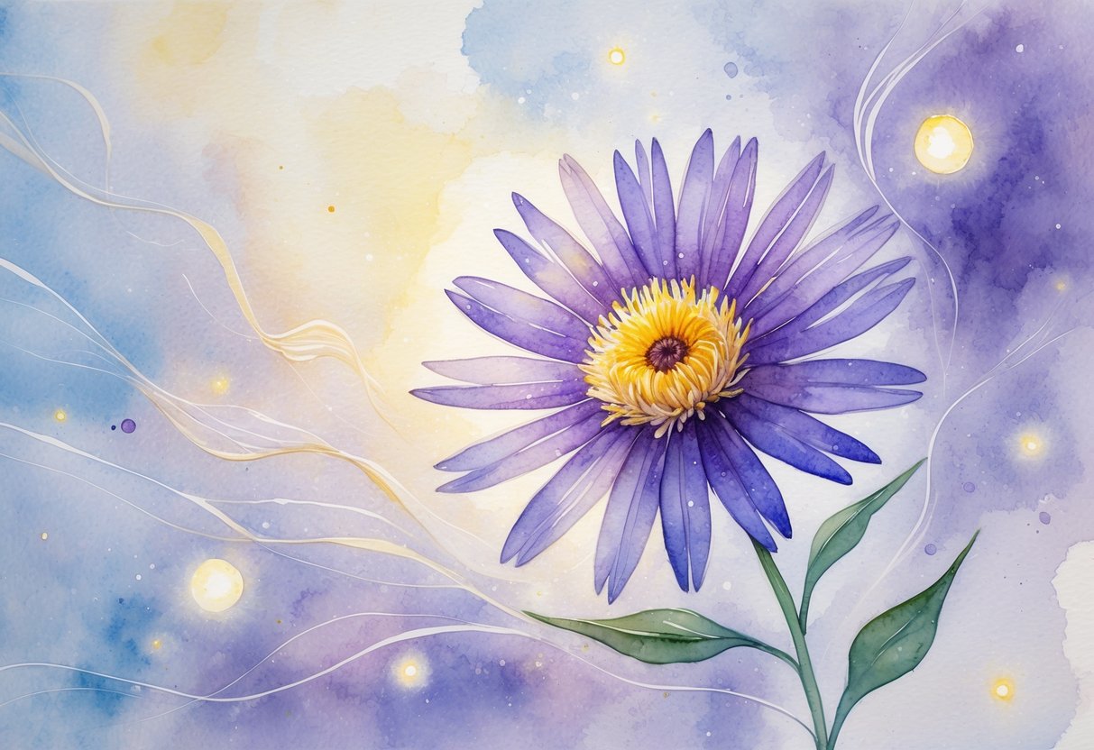 A single purple aster flower with a yellow center surrounded by soft glowing light and abstract pastel colors.