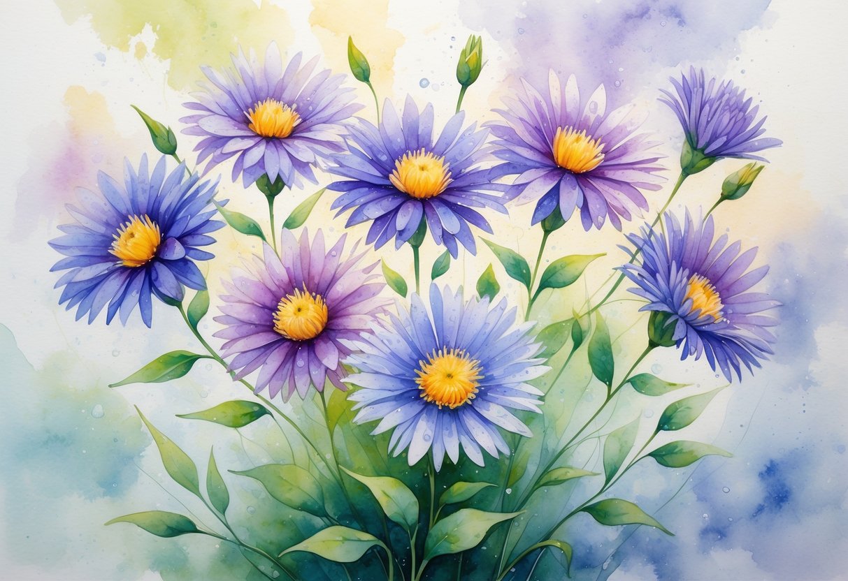 Seven purple aster flowers with green leaves arranged in a gentle bouquet against a soft pastel background.