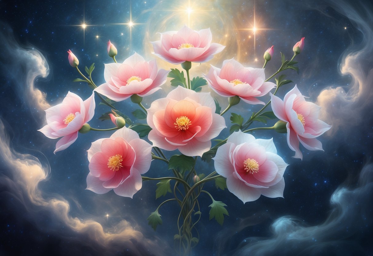 Eight glowing begonia flowers floating together against a starry cosmic background with soft light and mist.