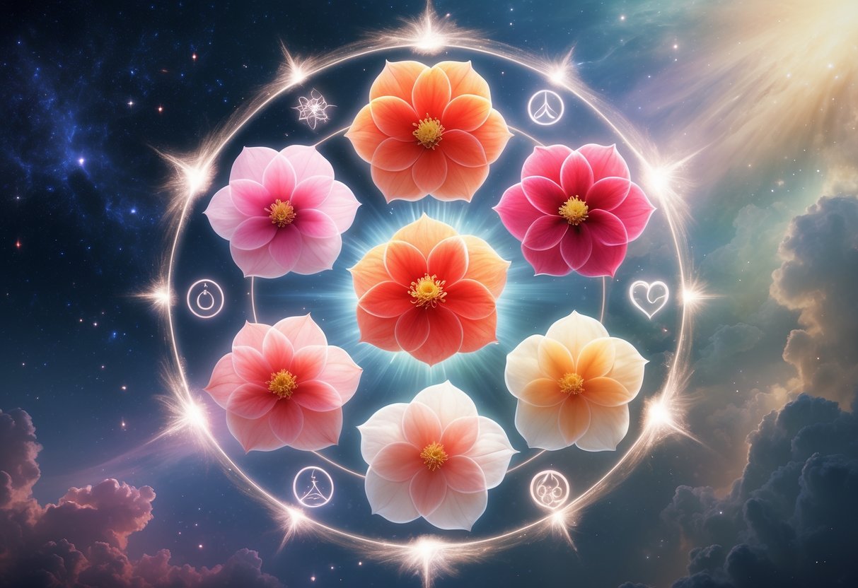 A circle of eight glowing begonia flowers floating in a starry cosmic space, each surrounded by soft light and spiritual symbols.