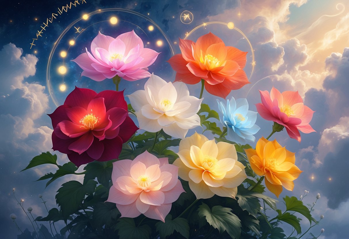 A glowing cluster of colorful begonia flowers surrounded by floating lights and spiritual symbols in a cosmic garden under a starry sky.