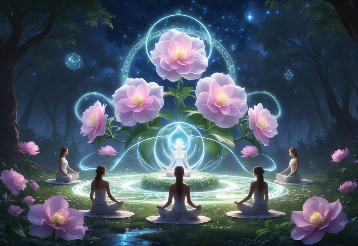 A glowing cluster of begonia flowers surrounded by mystical symbols and figures performing spiritual rituals in a forest clearing at night.