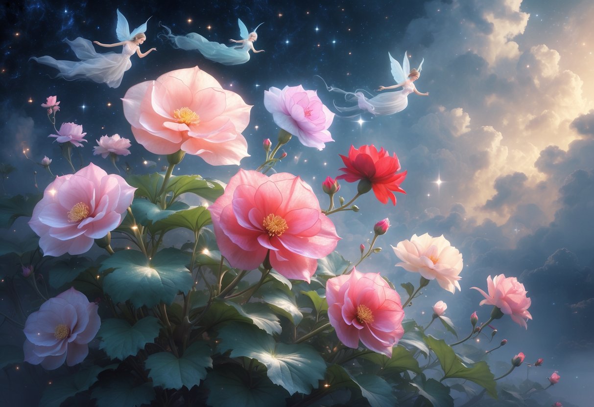 A glowing cluster of begonia flowers surrounded by floating ethereal spirits and mythical figures under a starry night sky.