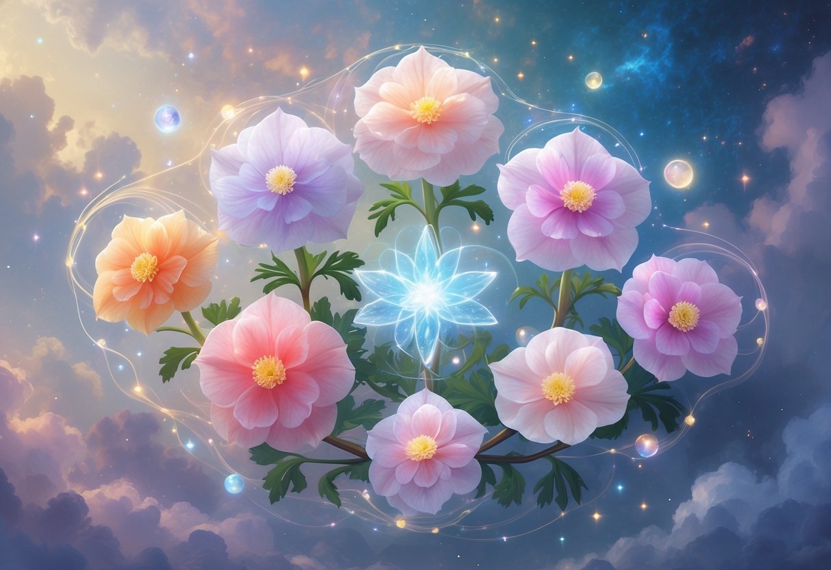 A glowing cluster of eight begonia flowers surrounded by floating lights and cosmic clouds, set in a peaceful and magical landscape.