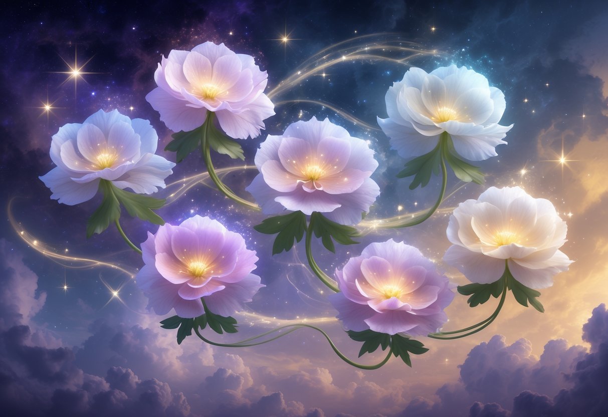 Eight glowing begonia flowers floating in a misty night sky surrounded by stars and soft light.