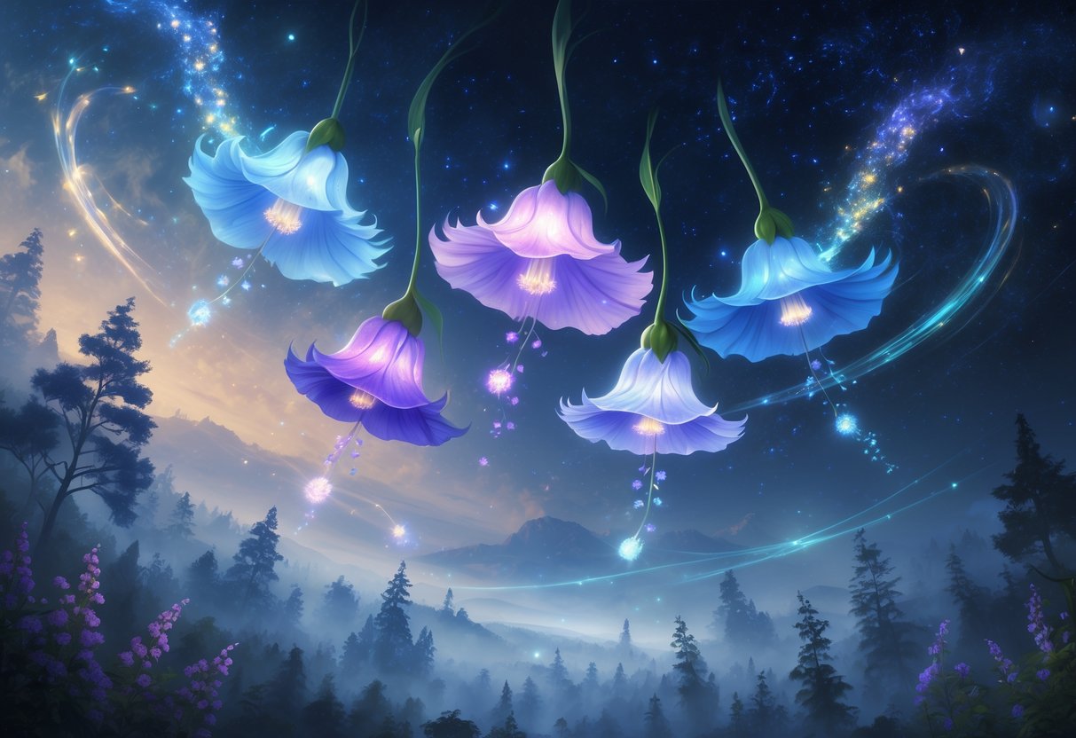 Six glowing bellflowers floating above a misty forest under a starry night sky, surrounded by soft light and magical energy.
