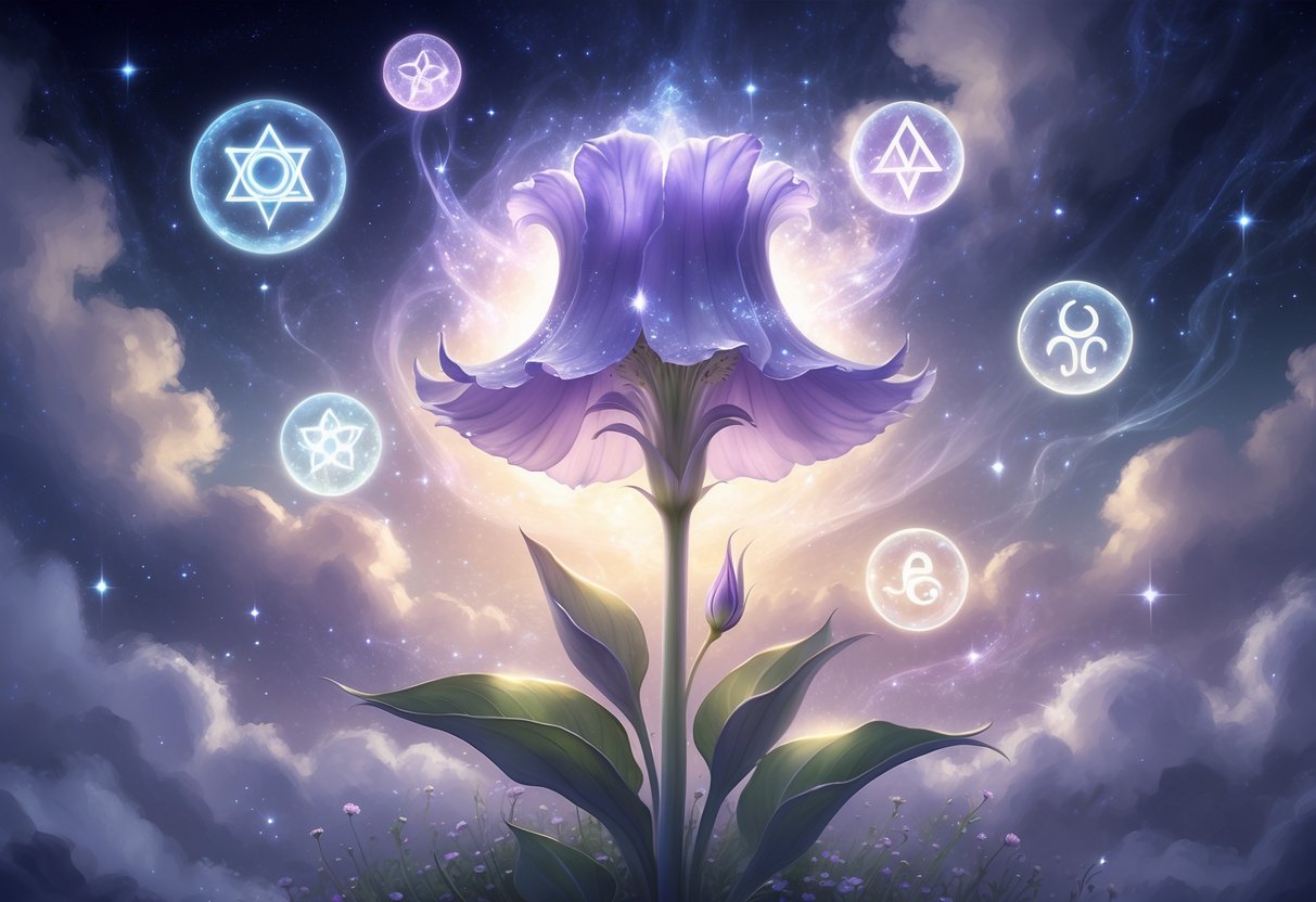 A glowing bellflower surrounded by six floating orbs in a misty, starry garden with cosmic clouds and symbols representing spiritual meanings.