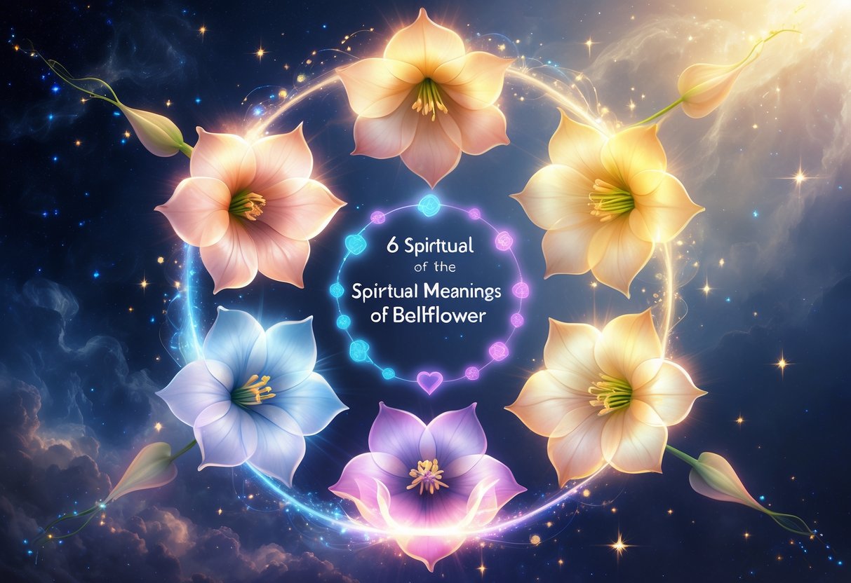 A glowing circle of six radiant bellflowers floating in a cosmic mist, each flower shining with a different colored light and surrounded by soft sparkles and gentle energy flows.
