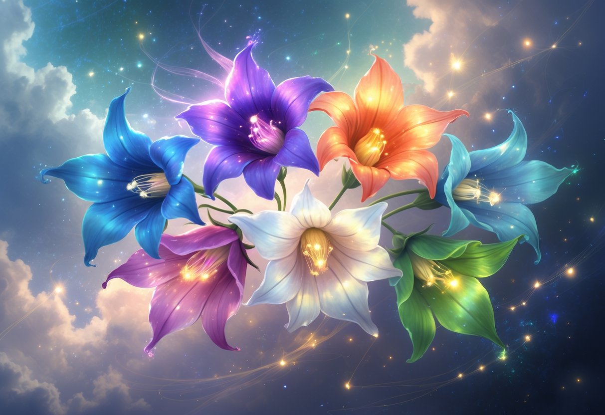Six glowing bellflowers in different colors float in a mystical space with soft light and swirling mist, each flower radiating a unique spiritual energy.