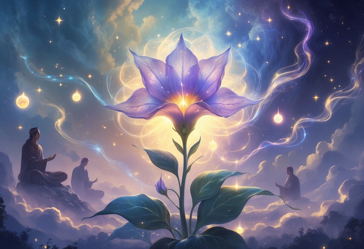 A glowing bellflower blooms in a celestial landscape with floating lights and stars, surrounded by mystical figures in a peaceful, spiritual scene.