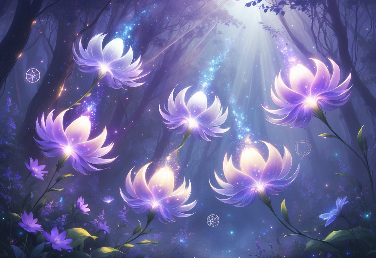 Six glowing bellflower blossoms floating in a misty forest surrounded by soft light and magical particles.