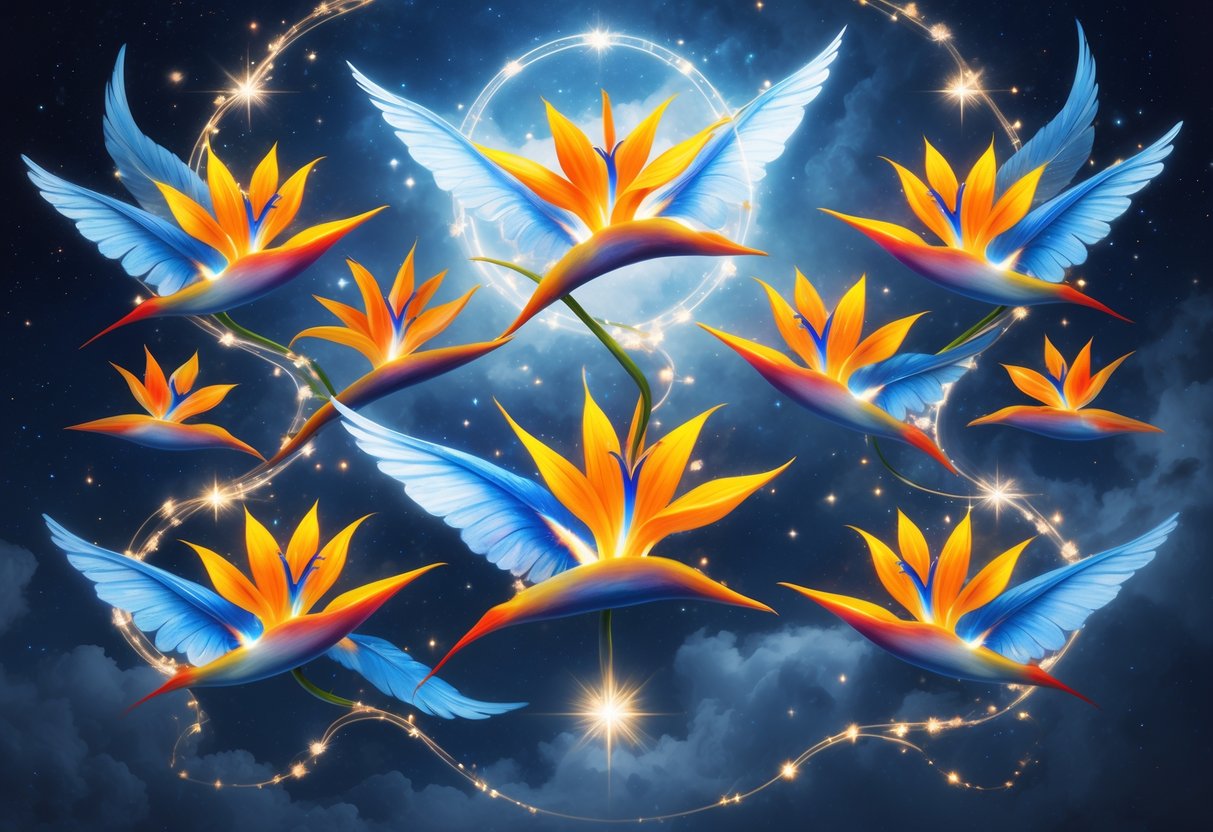 Nine glowing Bird of Paradise flowers intertwined with celestial light and cosmic clouds under a starry sky.