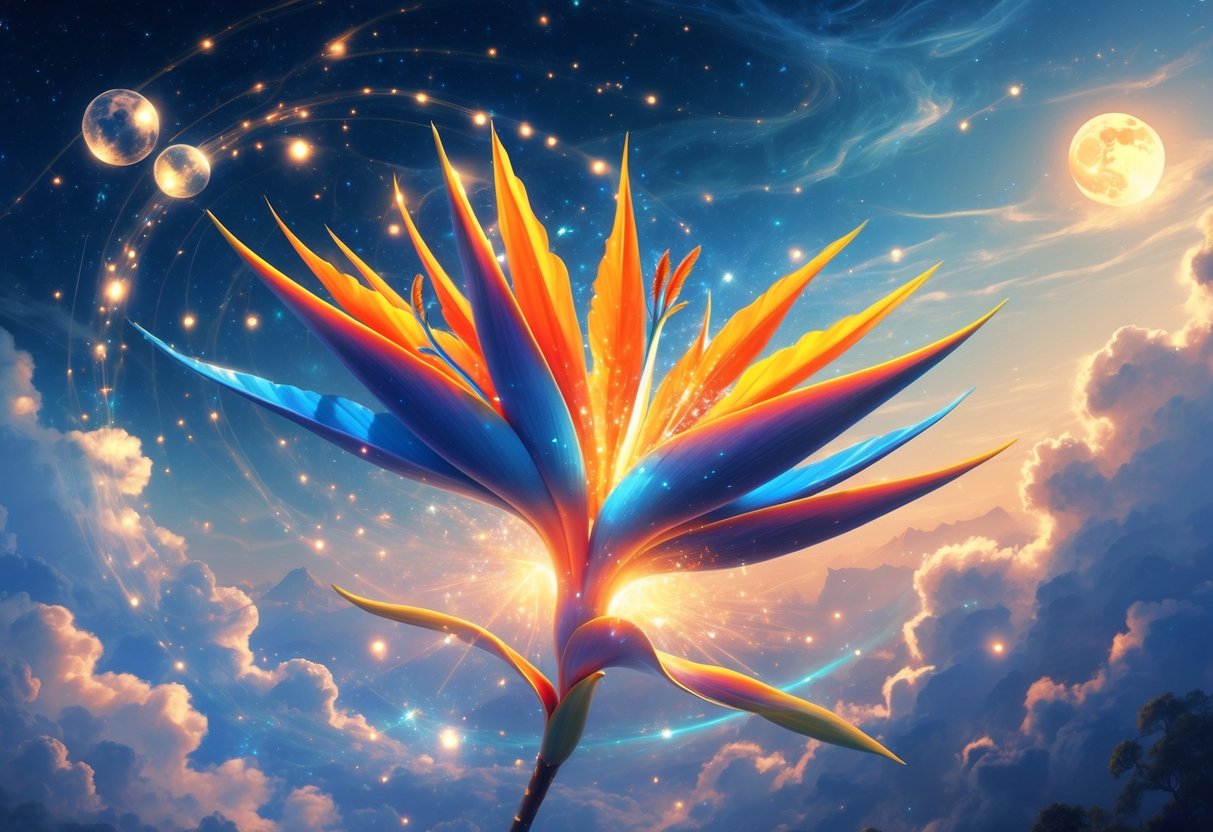 A glowing Bird of Paradise flower with vibrant orange and blue petals blooming in a starry night sky with soft clouds and glowing orbs around it.