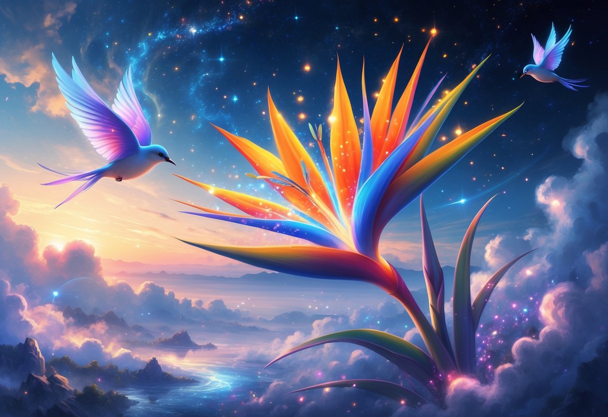 A glowing Bird of Paradise flower blooming under a starry sky with ethereal birds flying around it.