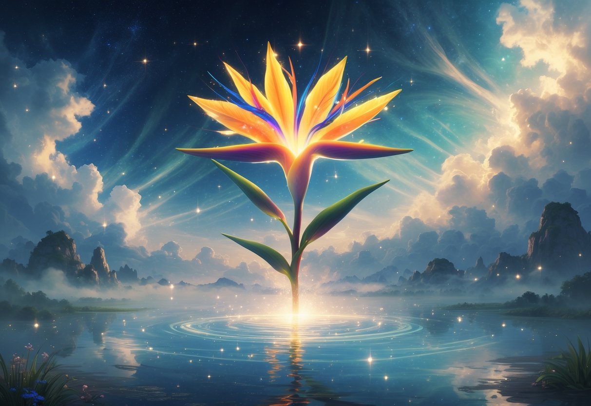 A glowing Bird of Paradise flower floating above a misty pool under a starry sky, surrounded by soft clouds and light beams.