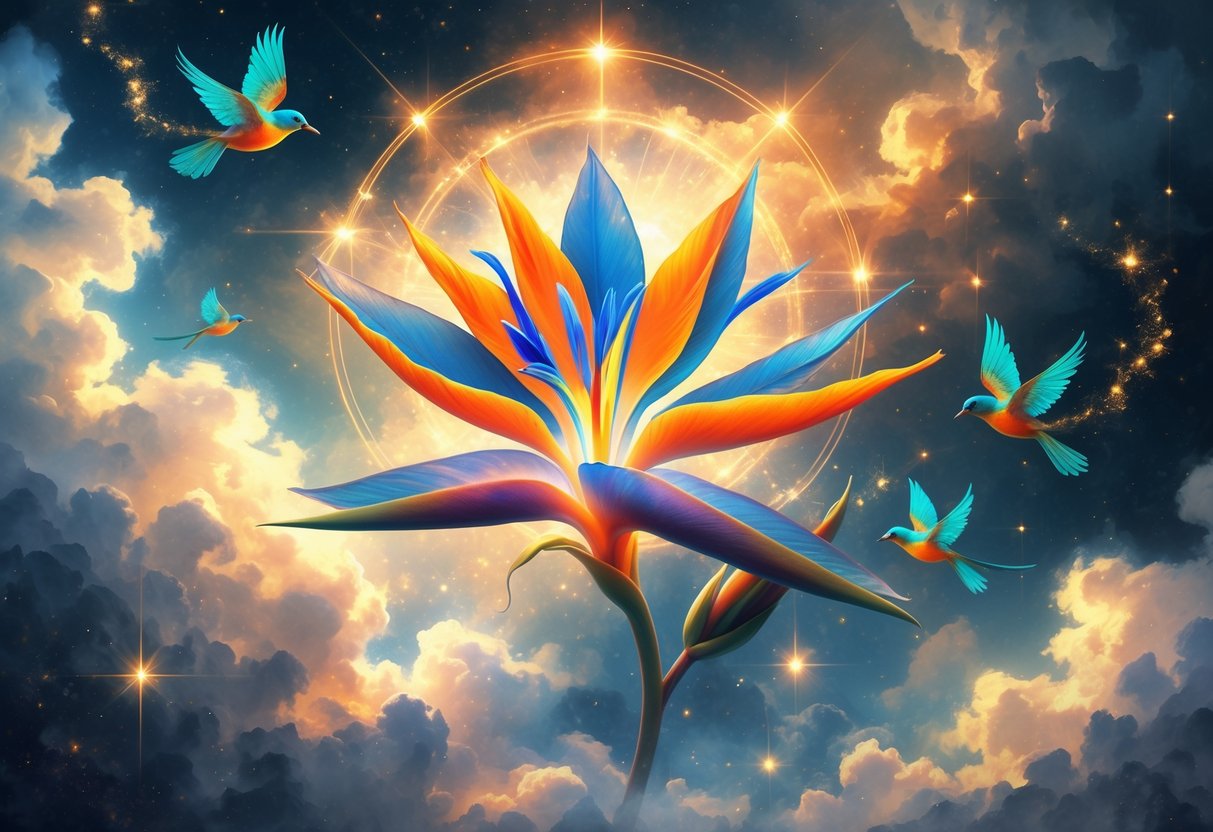 A glowing Bird of Paradise flower surrounded by luminous ethereal birds against a starry cosmic background.