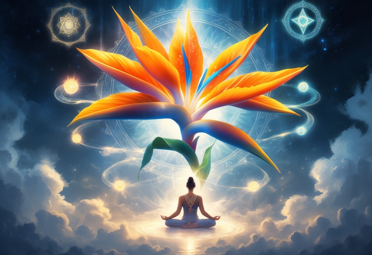A glowing Bird of Paradise flower surrounded by spiritual symbols and a meditating figure beneath it, set against a starry sky.