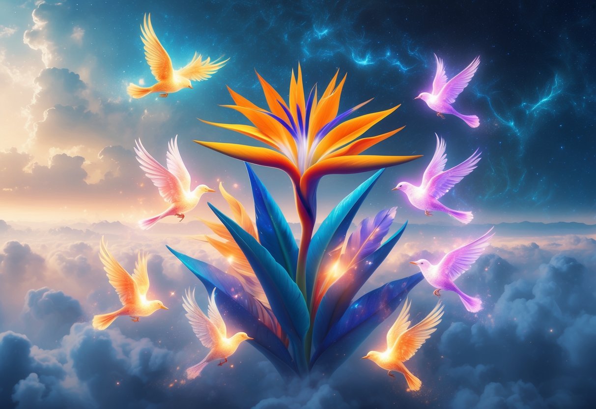 A glowing Bird of Paradise flower surrounded by nine radiant birds in a mystical, starry landscape.