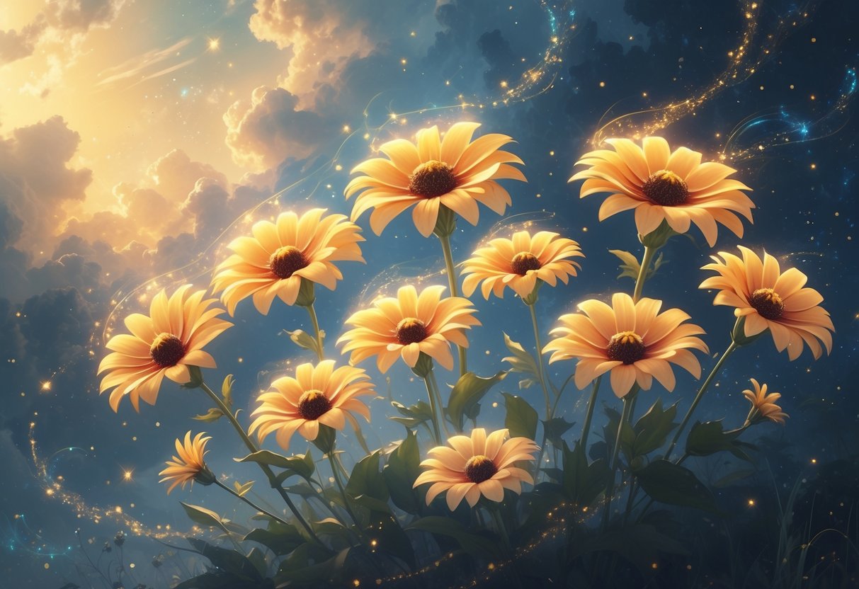 Seven glowing Black-Eyed Susan flowers floating in a cosmic night sky with stars and soft light surrounding them.