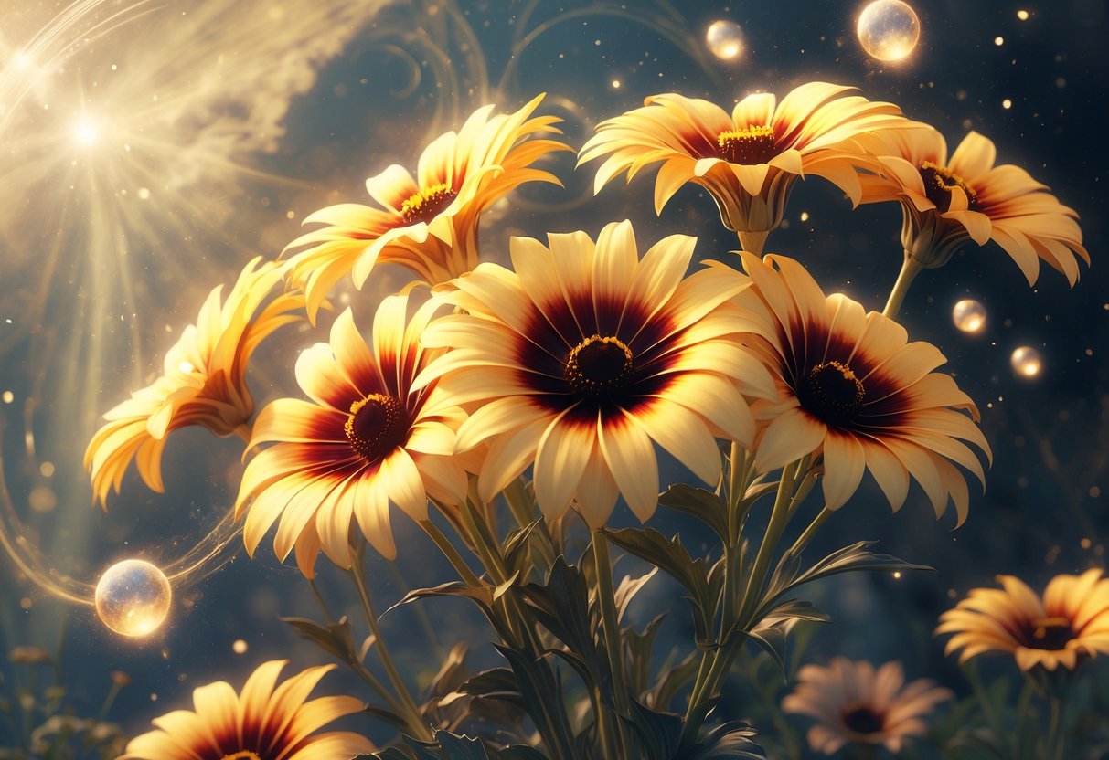 A cluster of glowing Black-Eyed Susan flowers with golden petals and dark centers floating against a starry, cosmic background.