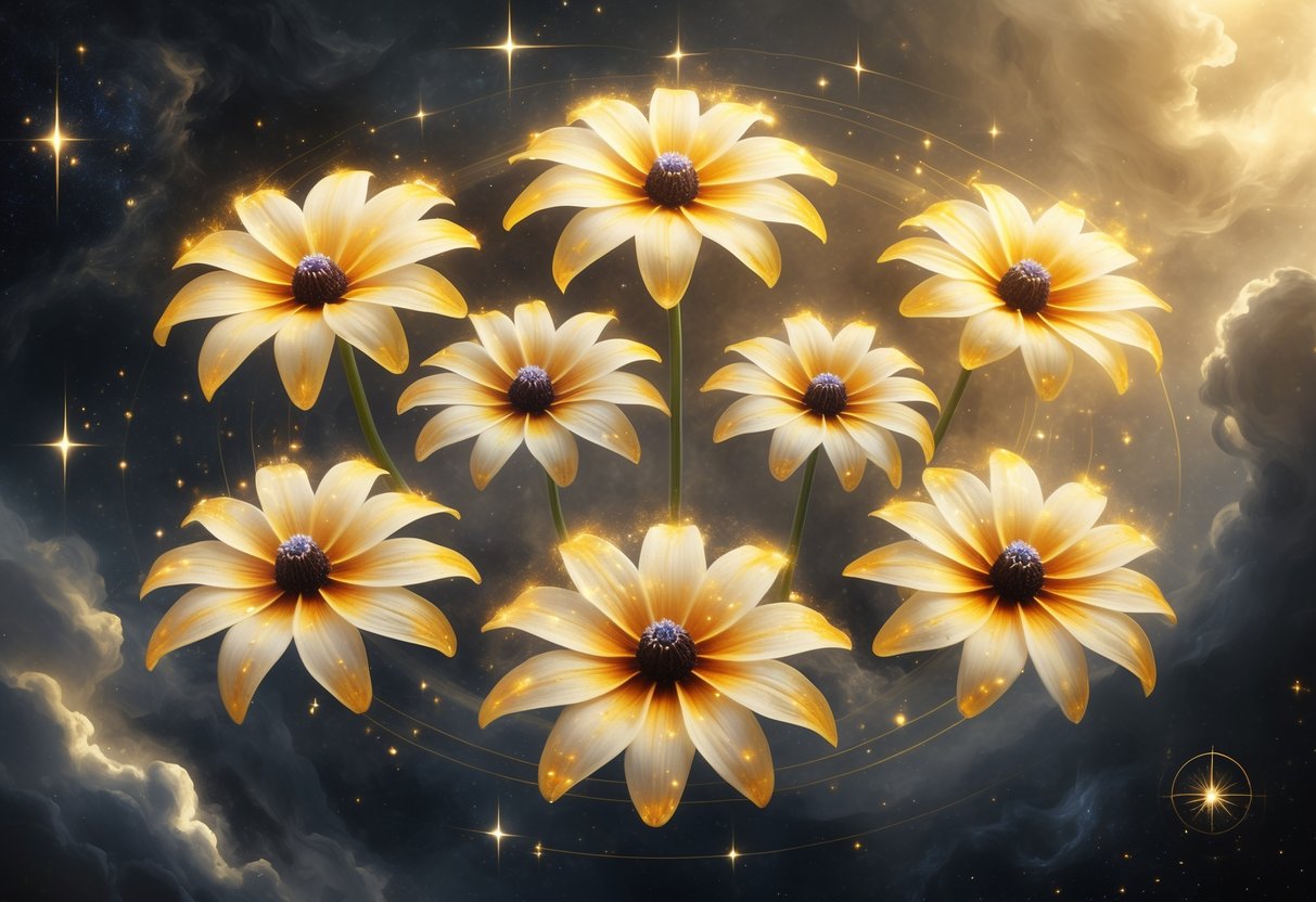 Seven glowing Black-Eyed Susan flowers arranged in a circle against a cosmic background of stars and nebulae.