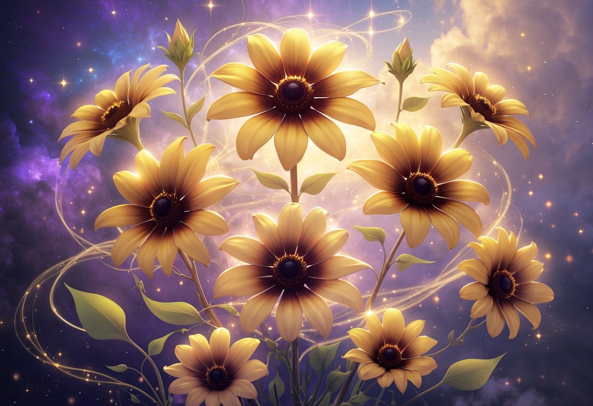 Seven glowing Black-Eyed Susan flowers floating against a starry sky with delicate vines and soft light surrounding them.