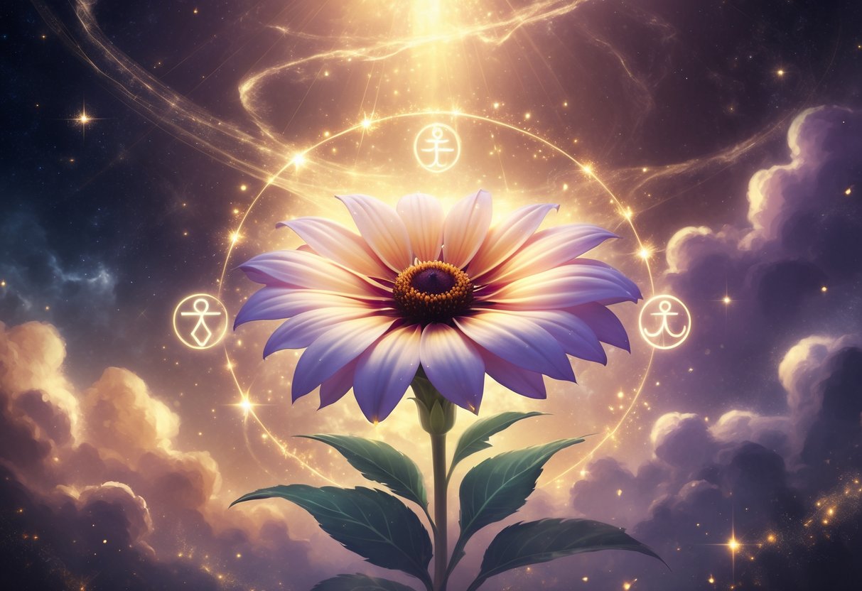 A glowing Black-Eyed Susan flower surrounded by floating spiritual symbols and soft light against a starry cosmic background.
