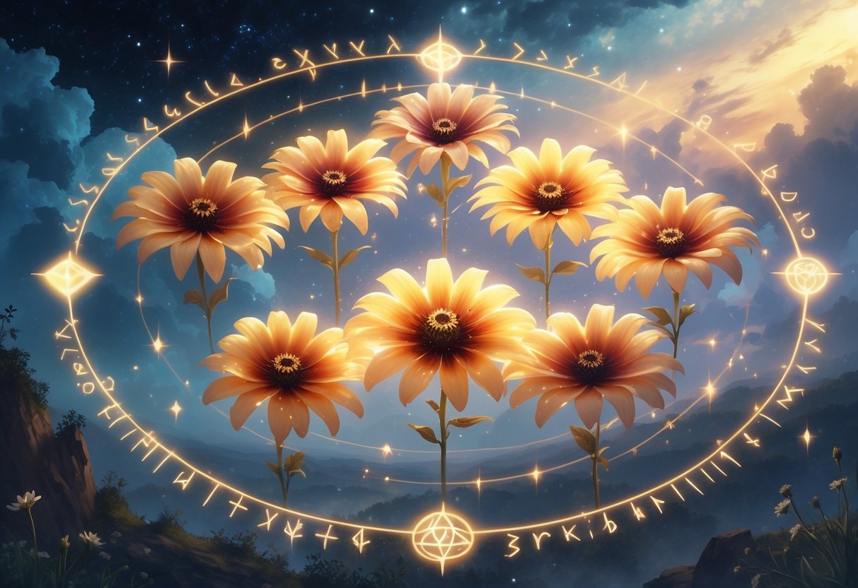 Seven glowing Black-Eyed Susan flowers arranged in a circle above a mystical landscape under a starry twilight sky.