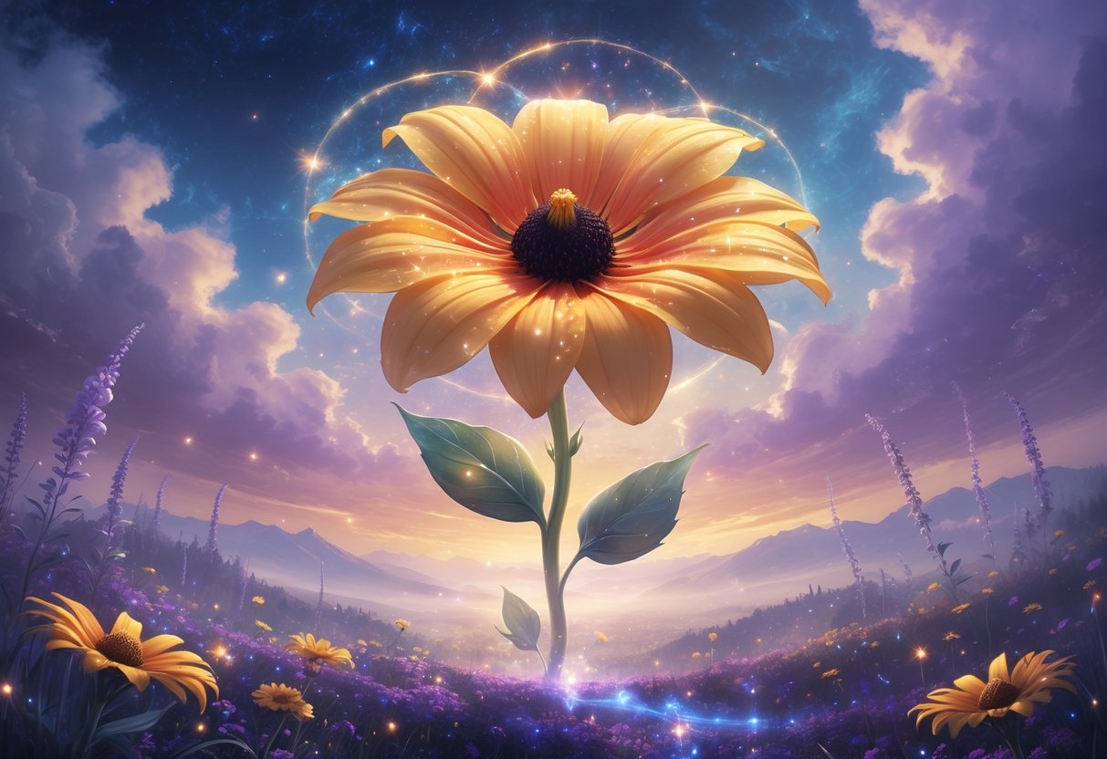 A glowing Black-Eyed Susan flower floats above a mystical landscape with swirling mist and a twilight sky.