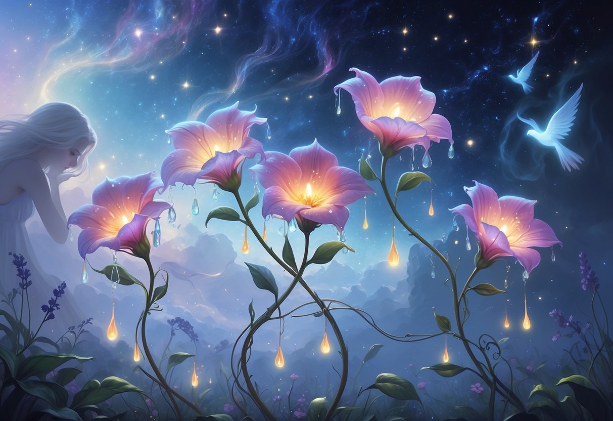 Five glowing bleeding heart flowers surrounded by soft light and mist in a magical garden under a starry sky.