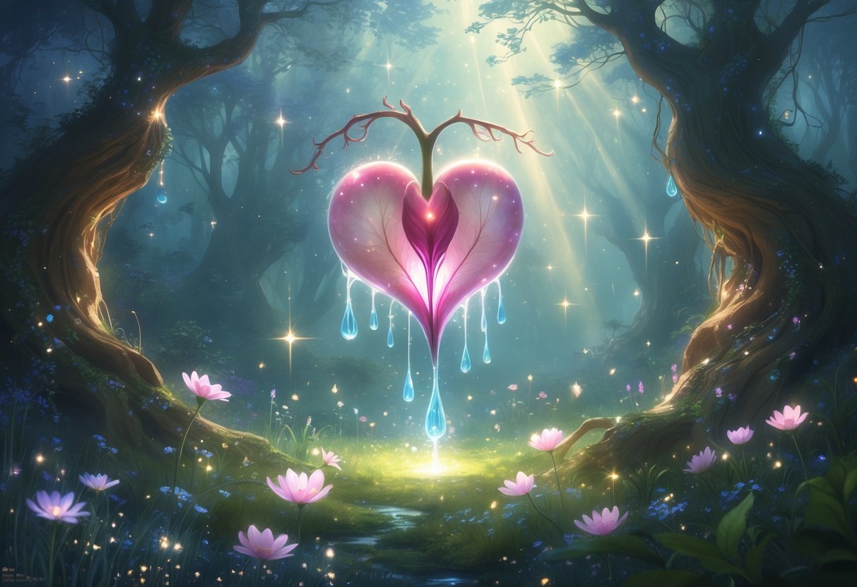 A glowing Bleeding Heart flower with heart-shaped petals in a misty forest clearing, surrounded by soft light and sparkling particles.