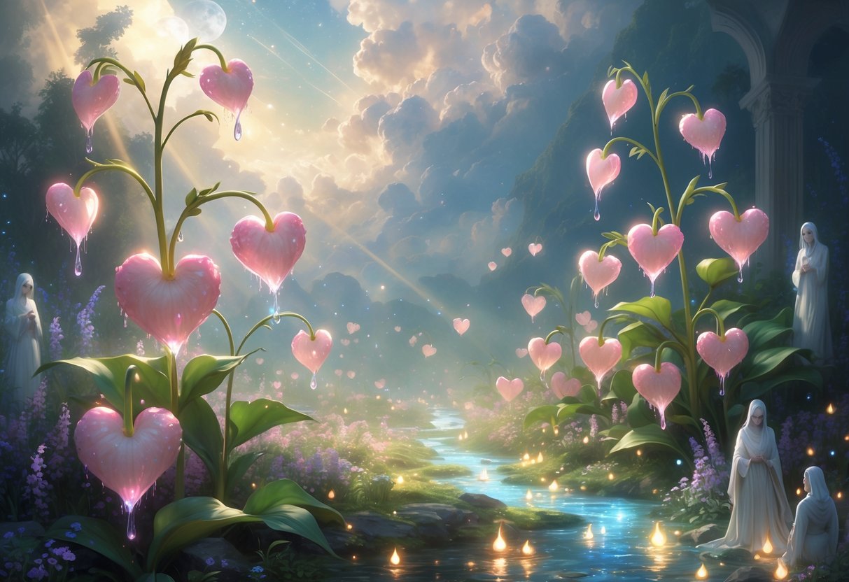 A glowing garden with heart-shaped Bleeding Heart flowers dripping luminous droplets, surrounded by translucent spirits and soft mist under a vast sky with radiant light beams.