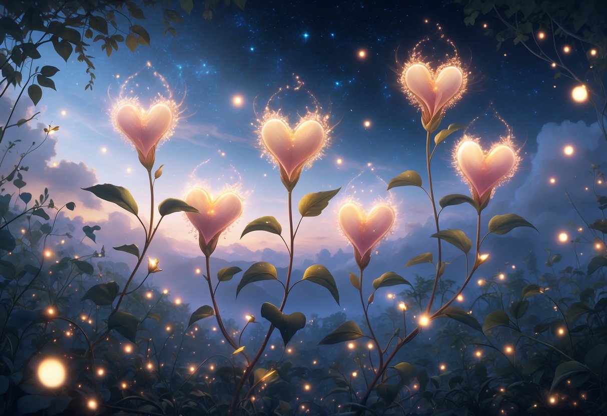 A glowing cluster of five bleeding heart flowers in a magical garden under a starry twilight sky.