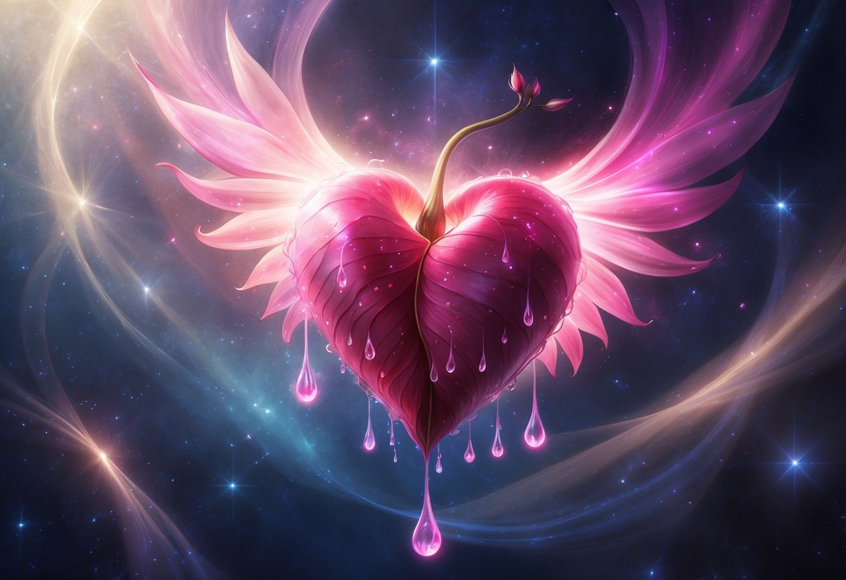 A glowing bleeding heart flower with heart-shaped petals and drops of light, set against a starry cosmic background with swirling mist.