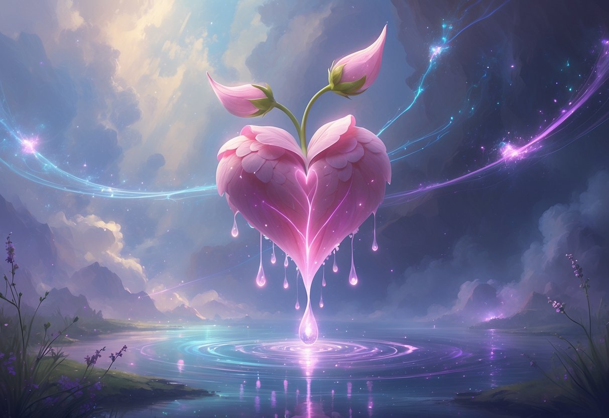 A glowing bleeding heart flower with heart-shaped petals dripping luminous droplets, set against a dreamy cosmic background with soft light and mist.