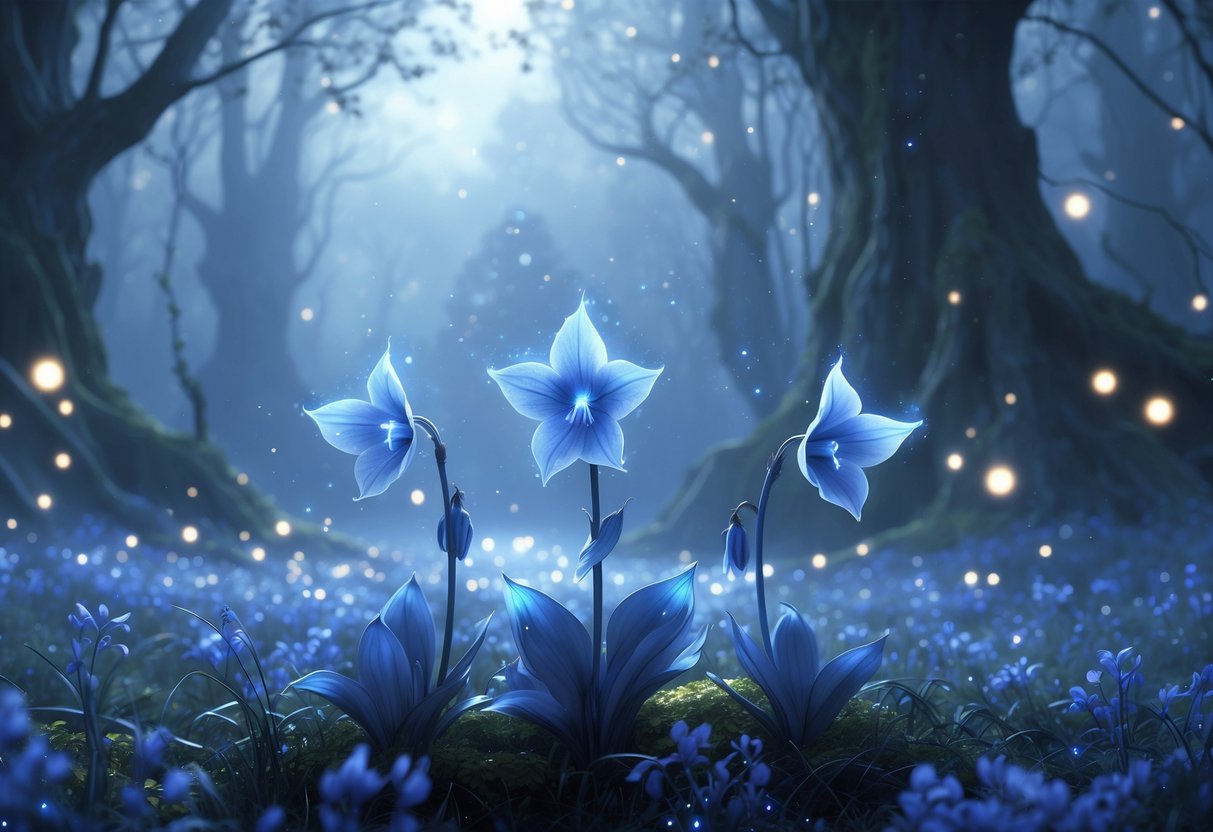 Five glowing bluebell flowers in a misty forest clearing with soft light and floating particles.
