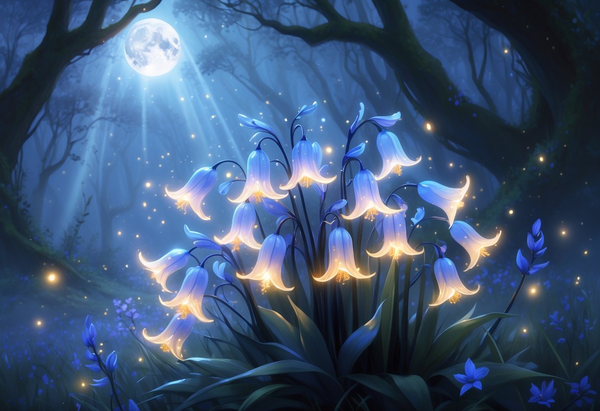 A cluster of glowing bluebell flowers in a misty forest under a moonlit sky, surrounded by soft light and ancient trees.