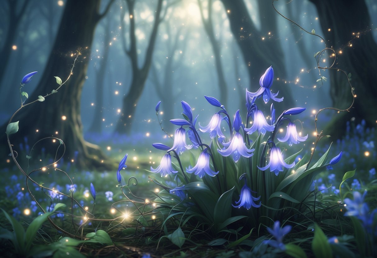 A cluster of glowing bluebell flowers in a forest clearing surrounded by soft light and floating glowing particles.