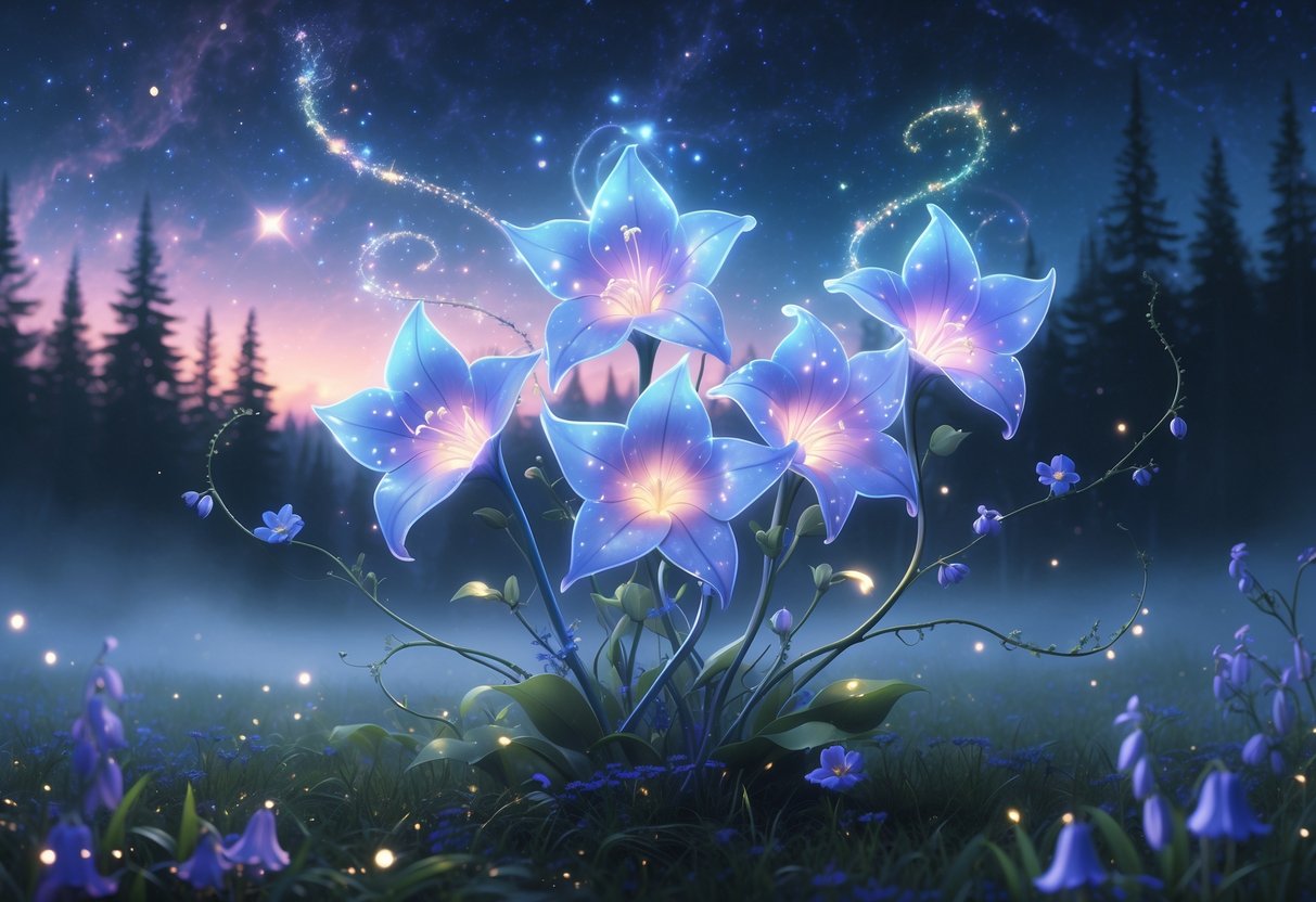 Five glowing bluebell flowers intertwined with vines in a forest clearing under a starry twilight sky.