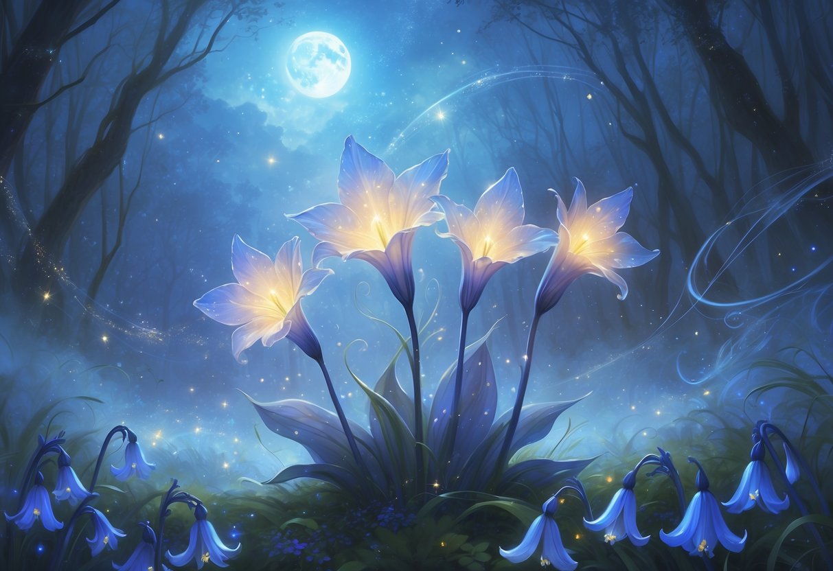 Five glowing bluebell flowers in a mystical forest clearing under a starry night sky.