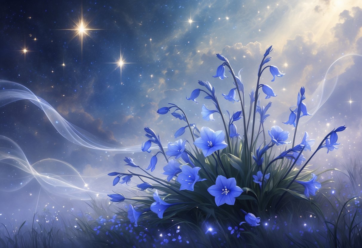 A cluster of glowing bluebell flowers surrounded by mist and floating spiritual symbols under a starry sky.