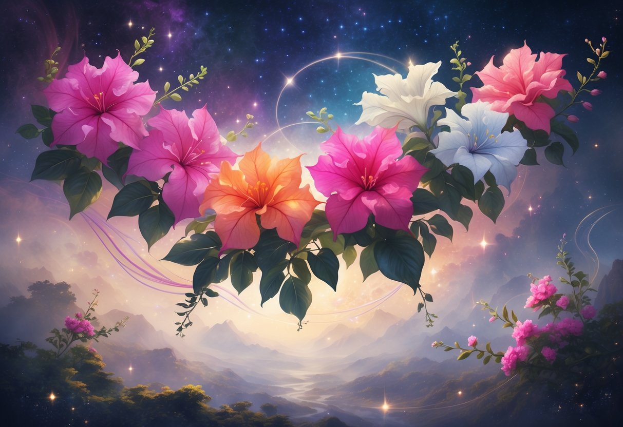 Eight glowing bougainvillea flowers floating above a misty landscape under a starry sky.