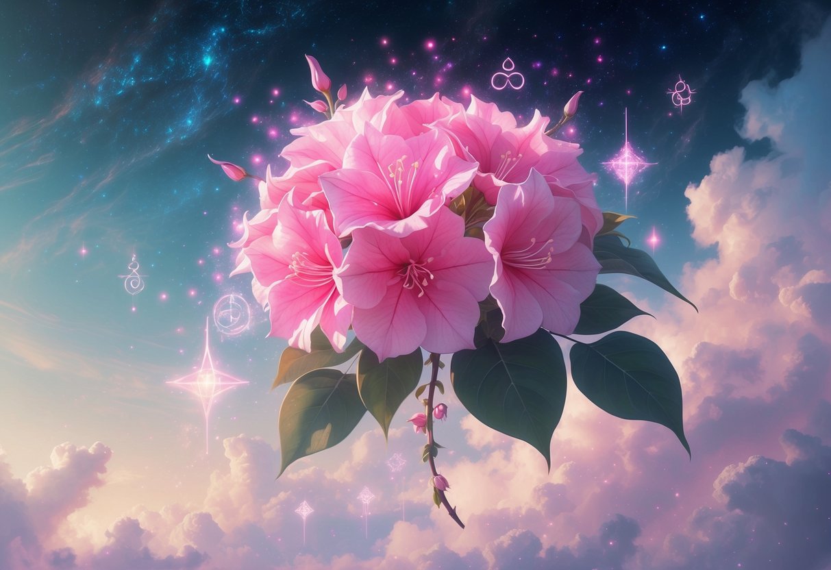 A glowing bougainvillea flower floating in a starry sky surrounded by soft light and mystical symbols.